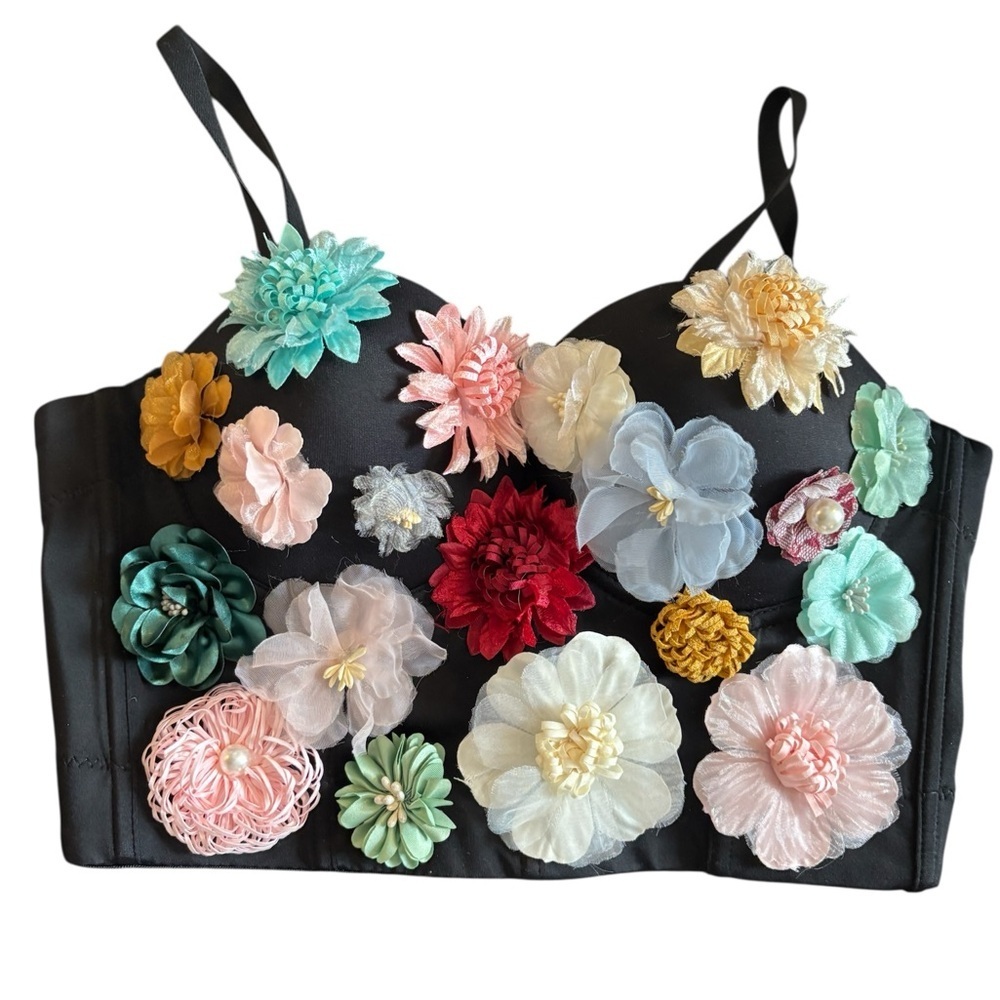 Custom Made Bralette/Bustier Sz M 3D Floral Black Pastels Molded Underwire Cups
